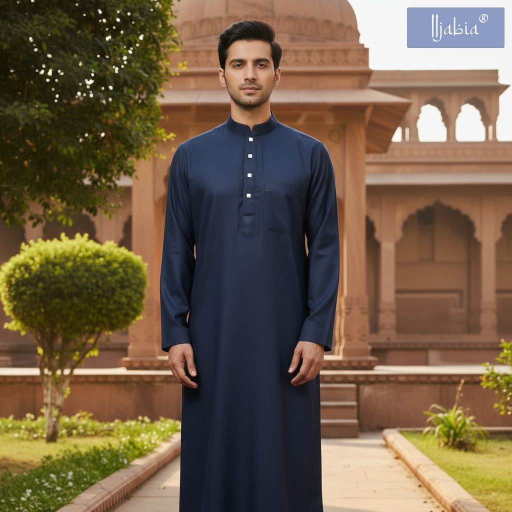 Saudi Collar Thobe - Premium TR Fabric - Navy Blue