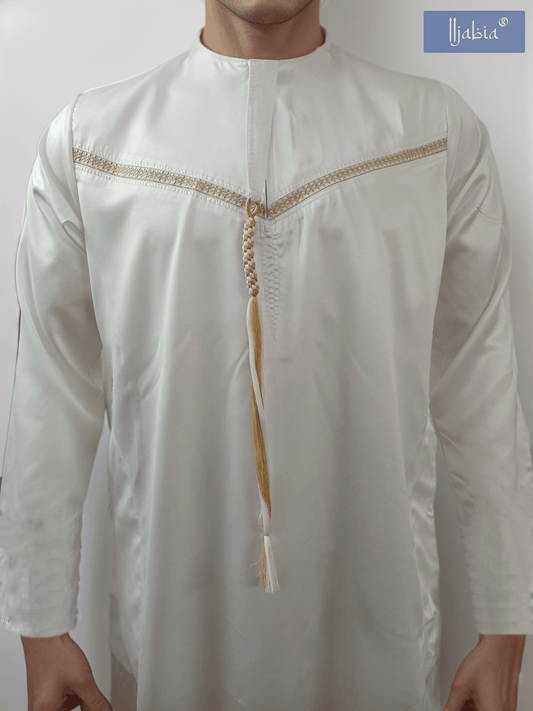 Emirati Mens Omani Thobe - Indian Shiny - Contrast embroidery - Off White