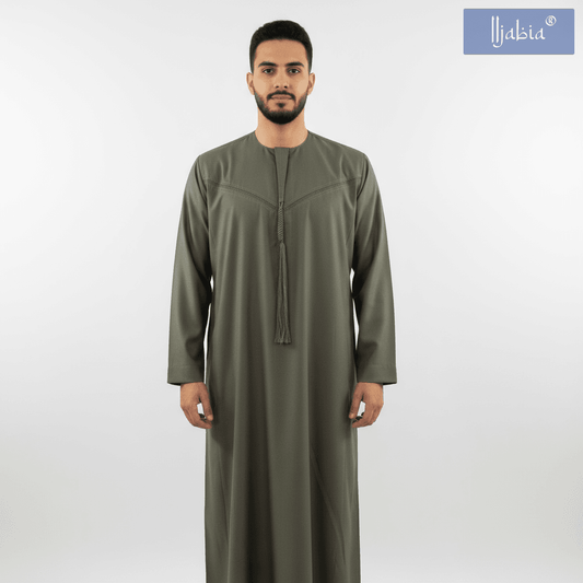 Emirati Mens Omani Thobe - (Embroidery Design 1) - Olive Green