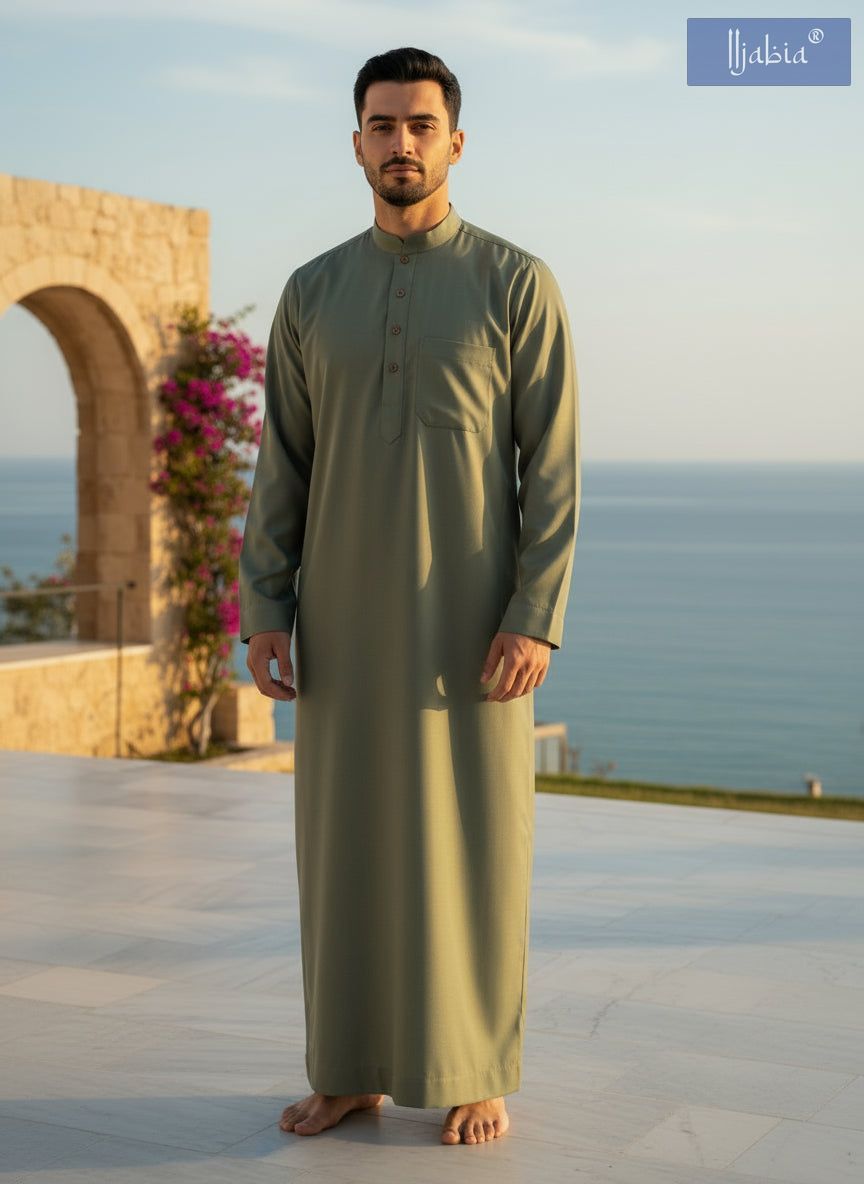 Saudi Collar Thobe - Premium TR Fabric - Pastel Green