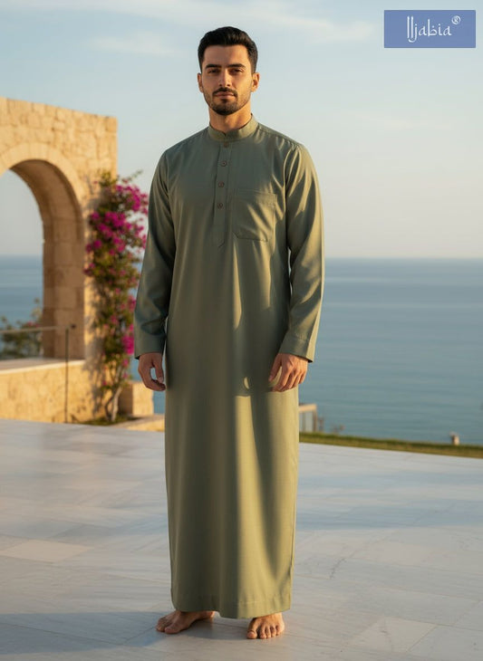 Saudi Collar Thobe - Premium TR Fabric - Pastel Green