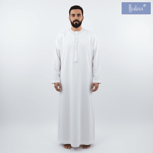 Emirati Mens Omani Thobe - (Embroidery Design 1) - White